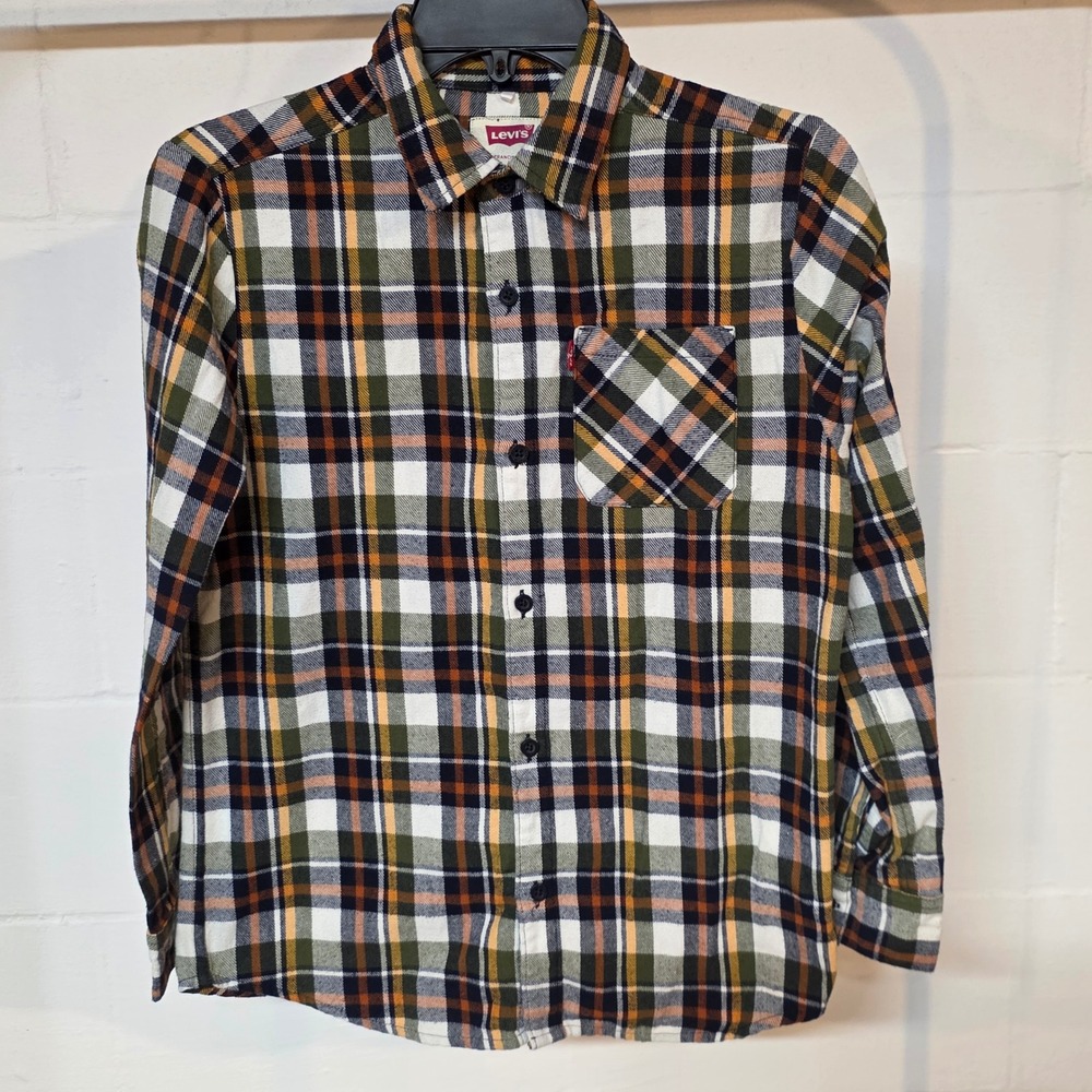 Levis Kids Plaid Flannel Button Down Shirt Green Orange Navy Boys Size 14/16 L